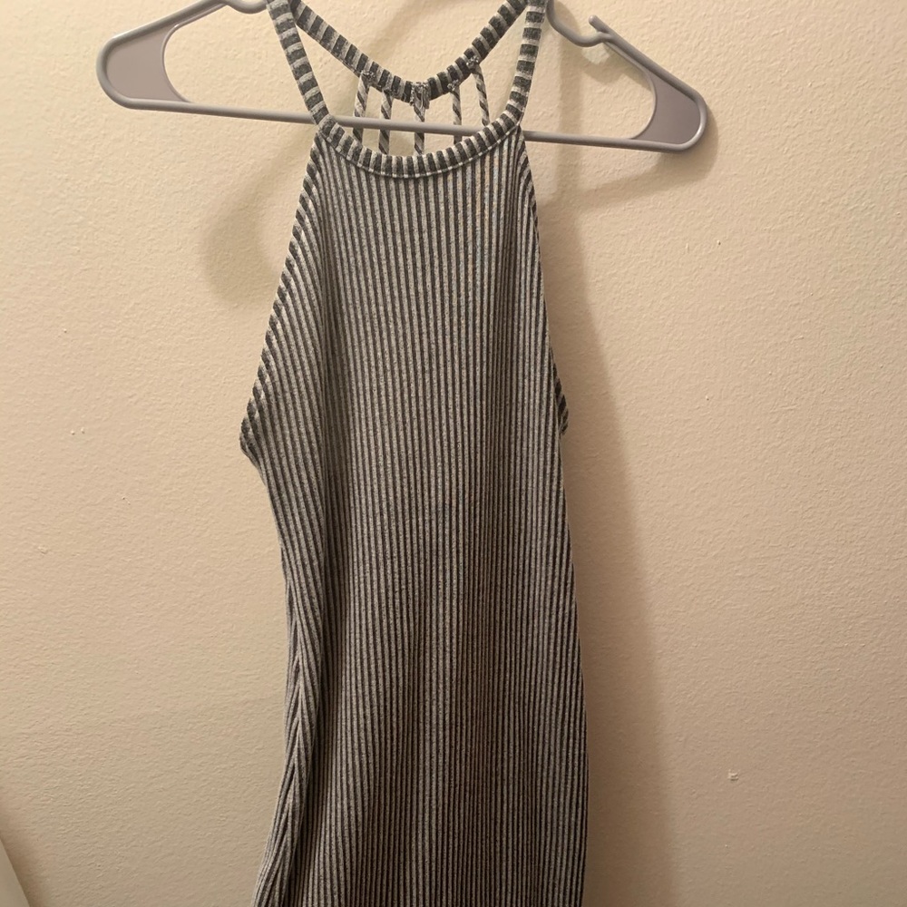 Gray pinstriped dress with back appeal
